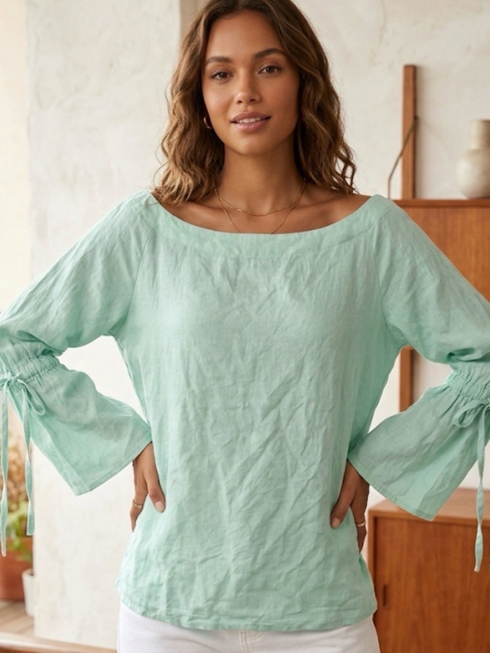 Women’s Mint Green Tie-Sleeve Linen Top